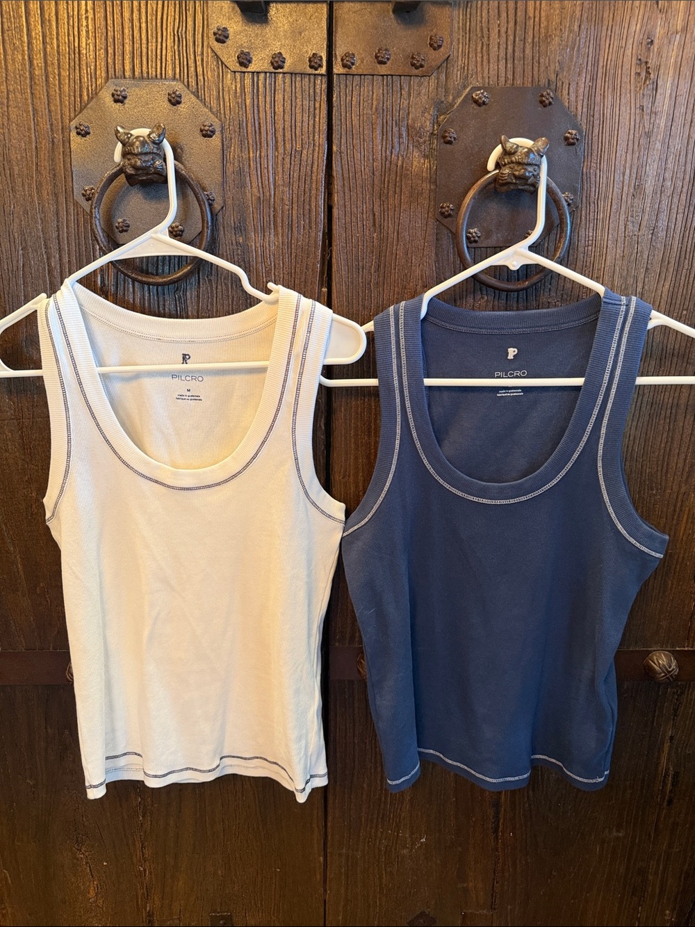 Pilcro Ribbed Tank Tops — Cream & Navy Blue